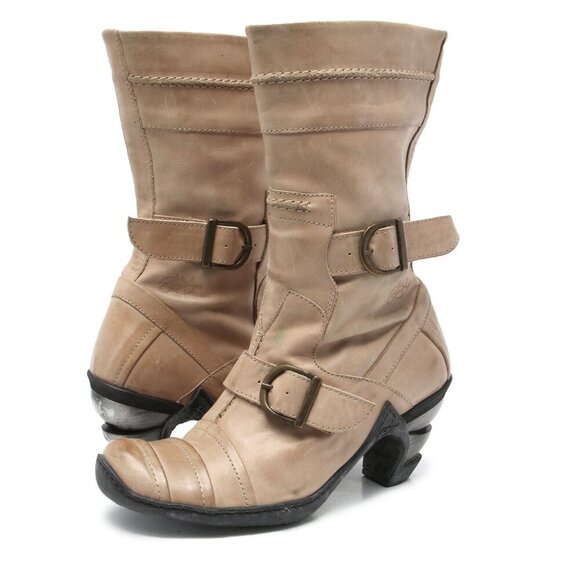 Eject Leather Boot Steampunk Moto Booties Buckles Straps Spiral Heel Tan Beige - Picture 1 of 12